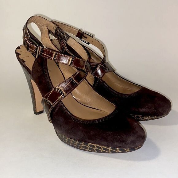 Max Studio brown suede and faux crocodile leather platform pumps - Picture 1 of 11